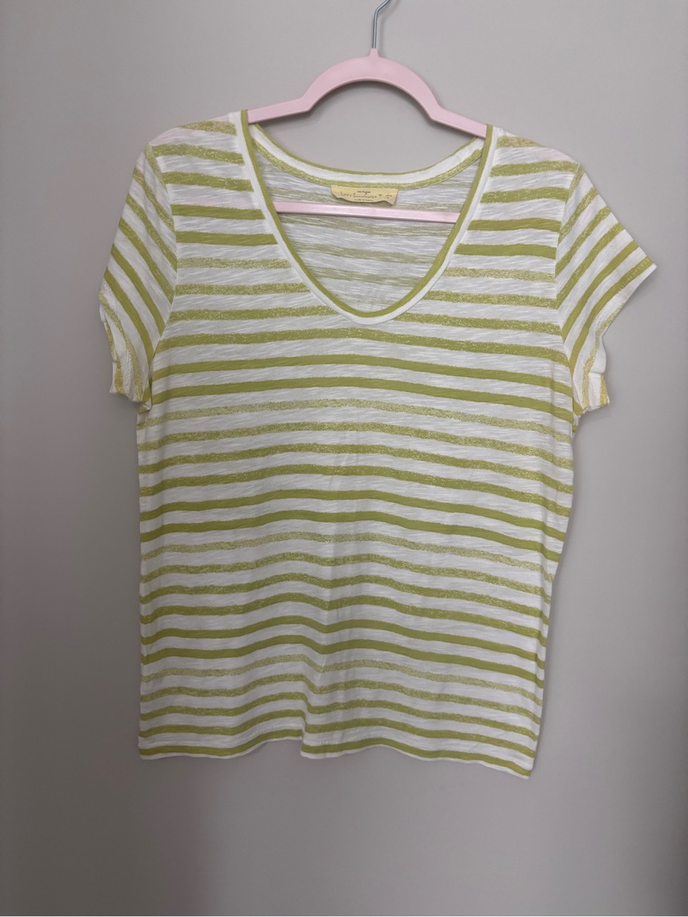 Loft Sunwashed Tee V-Neck Top Light Green & White - size L - PTP 21” Length 26”